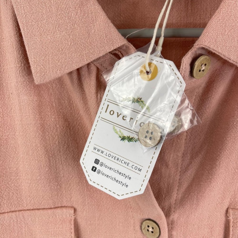 LoveRiche Blush Cotton Button Front Short Cuff Sleeve Safari Style Shirt Size M - Picture 5 of 13